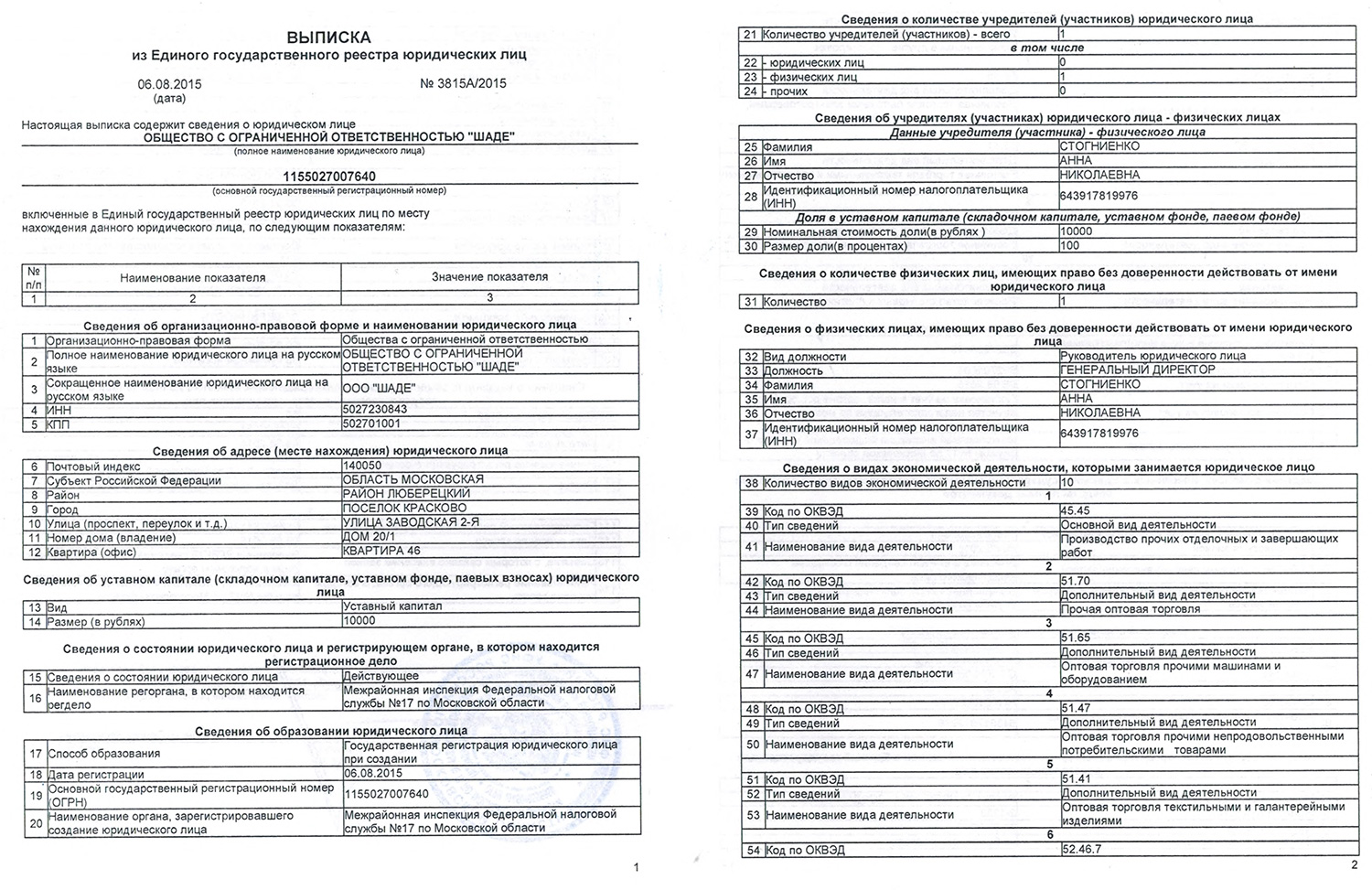 Выписка содержит информацию